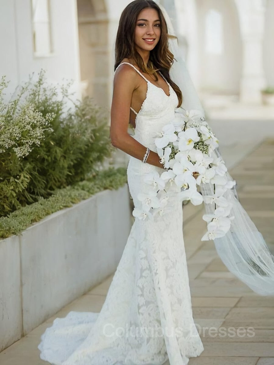 Wedding Dresses With Sleeves Lace, Trumpet/Mermaid V-neck Sweep Train Lace Wedding Dresses With Appliques Lace