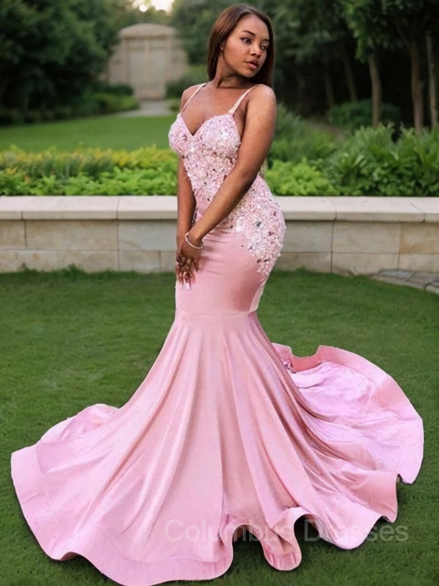 Trendy Dress Outfit, Trumpet/Mermaid V-neck Sweep Train Silk like Satin Prom Dresses With Appliques Lace