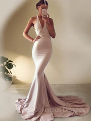 Rustic Wedding, Trumpet/Mermaid V-neck Sweep Train Stretch Crepe Prom Dresses With Ruffles