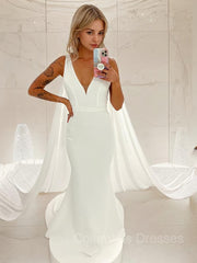Wedding Dresses Chic, Trumpet/Mermaid V-neck Sweep Train Stretch Crepe Wedding Dress