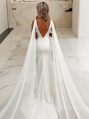 Wedding Dresses Sleeves, Trumpet/Mermaid V-neck Sweep Train Stretch Crepe Wedding Dress