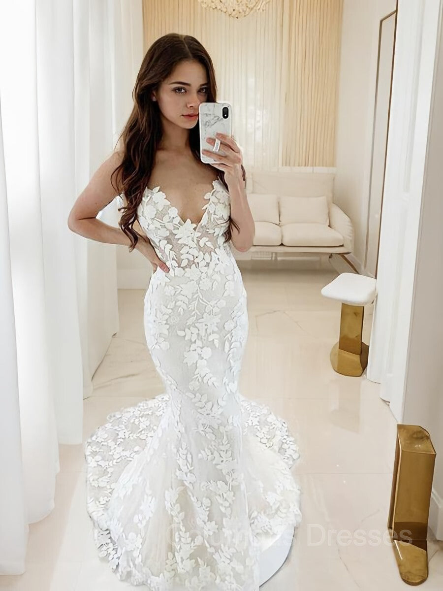 Wedding Dress Custom, Trumpet/Mermaid V-neck Sweep Train Tulle Wedding Dresses