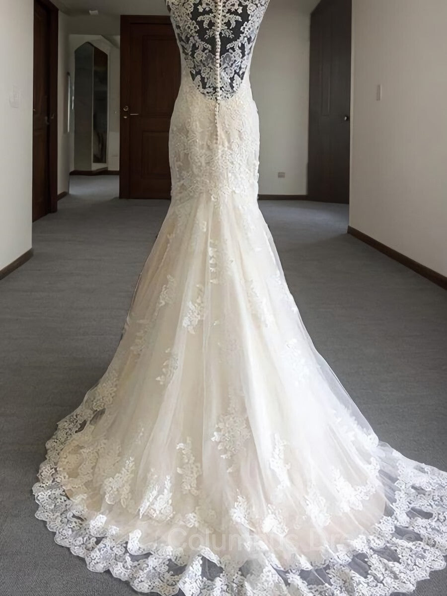 Wedding Dress Style, Trumpet/Mermaid V-neck Sweep Train Tulle Wedding Dresses With Appliques Lace