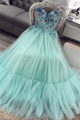 Prom Dress Shops, A Line Mint Green Sweetheart Tulle Appliques Long Prom Dresses