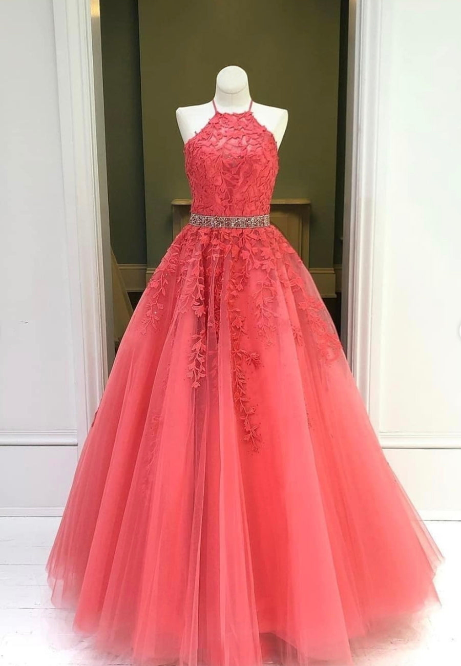 Evening Dress Dresses, Red Lace Floor Length Prom Dresses, A-Line Formal Evening Dresses