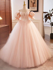 Prom Dresses 2023, Pink Sweetheart Neck Corset Tulle Prom Dress, A-Line Off the Shoulder Sweet 16 Dress