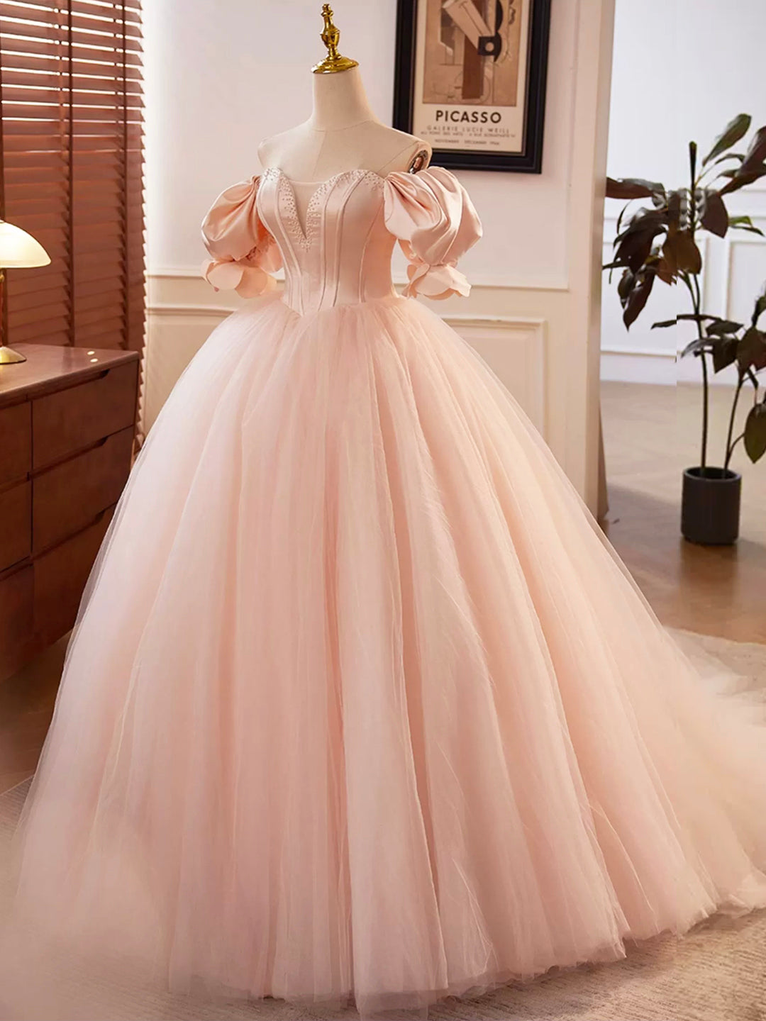 Prom Dresses A Line, Pink Sweetheart Neck Corset Tulle Prom Dress, A-Line Off the Shoulder Sweet 16 Dress