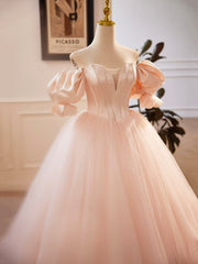 Prom Dresses 2019, Pink Sweetheart Neck Corset Tulle Prom Dress, A-Line Off the Shoulder Sweet 16 Dress