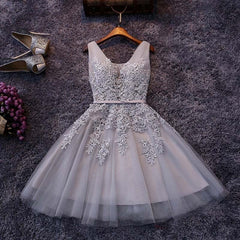 Homecoming Dress Tights, Tulle A-line V-neck Knee-length Lace Short Prom Dresses,Homecoming Dress with Applique