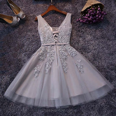 Homecoming Dress Tight, Tulle A-line V-neck Knee-length Lace Short Prom Dresses,Homecoming Dress with Applique