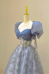 Prom Dresses Pattern, Tulle Lace Long Prom Dress, Blue Short Sleeve Evening Dress