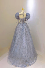 Prom Dress Pattern, Tulle Lace Long Prom Dress, Blue Short Sleeve Evening Dress