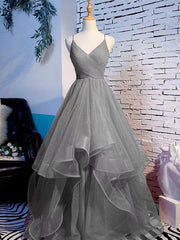 Dress Design, Tulle Layers Straps Long Party Dress Formal Dress, A-line Evening Prom Dress