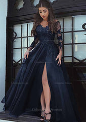 Prom Dress Ideas Black Girl, Tulle Long/Floor-Length A-Line/Princess Full/Long Sleeve Sweetheart Zipper Prom Dress With Appliqued