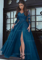 Prom Dress Two Piece, Tulle Long/Floor-Length A-Line/Princess Full/Long Sleeve Sweetheart Zipper Prom Dress With Appliqued