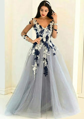 Prom Dress2051, Tulle Long/Floor-Length A-Line/Princess Full/Long Sleeve V-Neck Zipper Evening Dress With Appliqued