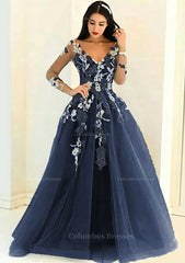 Prom Dresses2051, Tulle Long/Floor-Length A-Line/Princess Full/Long Sleeve V-Neck Zipper Evening Dress With Appliqued
