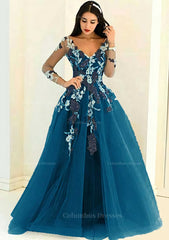 Prom Dresse 2051, Tulle Long/Floor-Length A-Line/Princess Full/Long Sleeve V-Neck Zipper Evening Dress With Appliqued