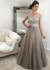 Formal Dress Attire For Wedding, Tulle Long/Floor-Length A-Line/Princess Sleeveless Bateau Zipper Prom Dress With Beaded