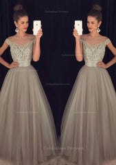Formal Dress For Wedding Reception, Tulle Long/Floor-Length A-Line/Princess Sleeveless Bateau Zipper Prom Dress With Beaded