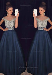 Formal Dresses For Wedding Guest, Tulle Long/Floor-Length A-Line/Princess Sleeveless Bateau Zipper Prom Dress With Beaded