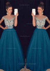 Formal Dresses For Weddings Guest, Tulle Long/Floor-Length A-Line/Princess Sleeveless Bateau Zipper Prom Dress With Beaded