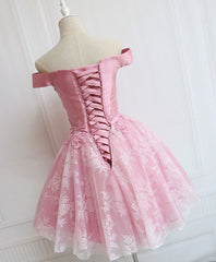 Evening Dresses Princess, Tulle Of Shoulder Lace Short Pink Prom Dress Lace Homecoming Dress