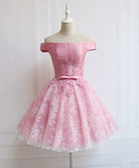 Evening Dresses Classy, Tulle Of Shoulder Lace Short Pink Prom Dress Lace Homecoming Dress