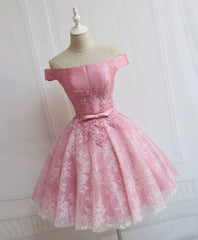 Evening Dress Simple, Tulle Of Shoulder Lace Short Pink Prom Dress Lace Homecoming Dress