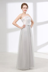 Party Dress For Over 71, Tulle & Satin Strapless Neckline A-line Bridesmaid Dresses With Bowknot
