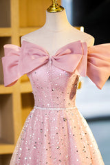 Prom Dress Fairy, Tulle Sequins Long Prom Dress, Pink Off Shoulder Evening Dress