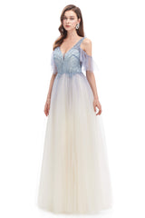 Prom Dress Under 73, Tulle V-neck Beading Long Prom Dresses
