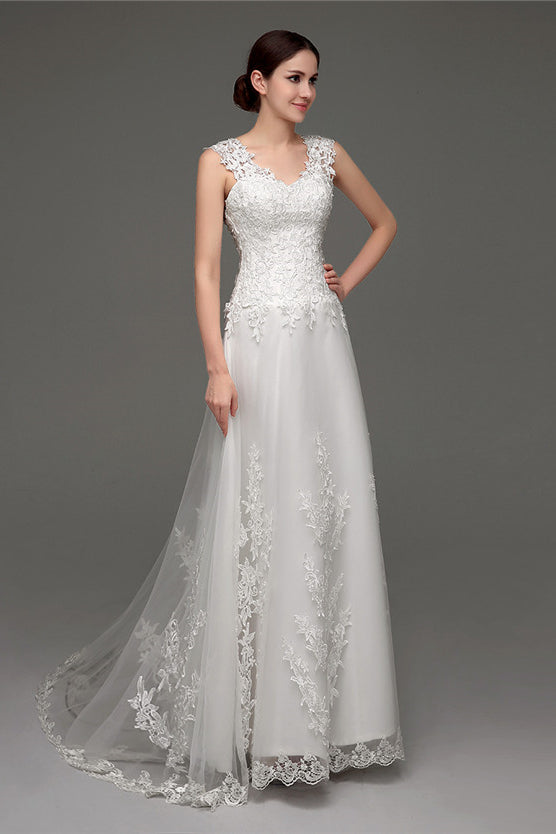 Wedding Dress Customization, Tulle V-neck Illusion Back Wedding Dresses With Lace Bodice