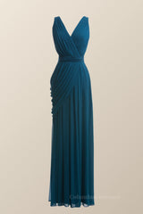 45 Th Grade Dance Dress, Turquoise Draped Flattering Long Party Dress