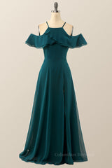 Prom Dress Off Shoulder, Turquoise Green Chiffon A-line Long Simple Dress