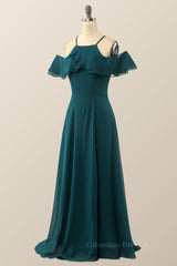Prom Dresses Long Sleeve, Turquoise Green Chiffon A-line Long Simple Dress