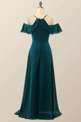 Prom Dress Long Sleeves, Turquoise Green Chiffon A-line Long Simple Dress