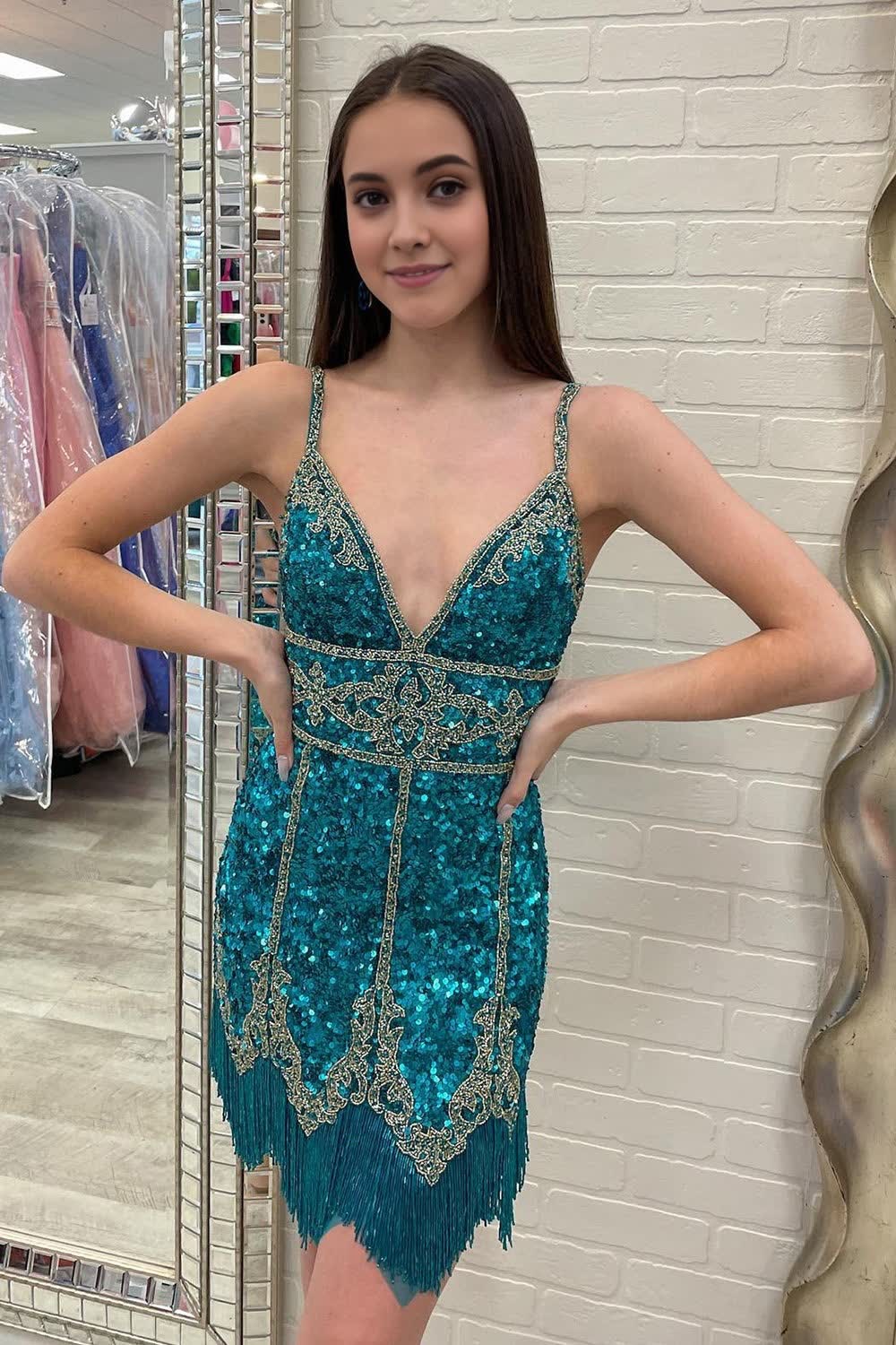 Turquoise Sequined Homecoming Dress With Fringes