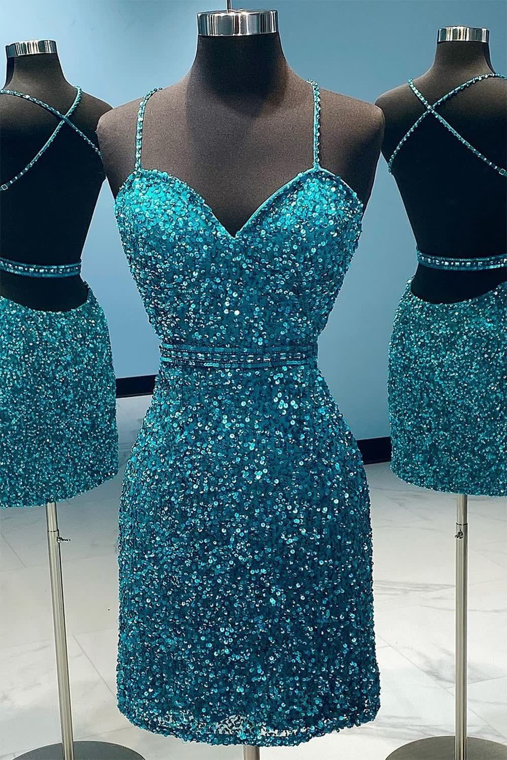 Turquoise Spaghetti Straps Sequins Homecoming Dress