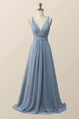 Formal Dress With Sleeves, Twisted Straps Blue Chiffon A-line Long Bridesmaid Dress