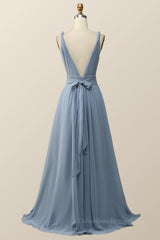 Formal Dress Wear For Ladies, Twisted Straps Blue Chiffon A-line Long Bridesmaid Dress