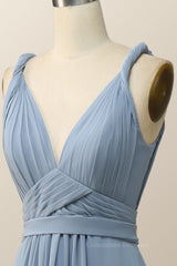 Formal Dresses Long Elegant Evening Gowns, Twisted Straps Blue Chiffon A-line Long Bridesmaid Dress