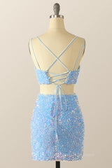 Bridesmaid Dresses 2062, Two Piece Blue Sequin Tight Mini Dress