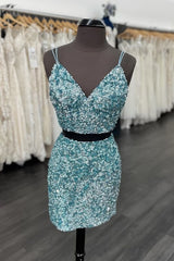 Evening Dresses V Neck, Two Piece Blue Sequins Tight Homecoming Dresses,Sparkly Cocktail Party Dress