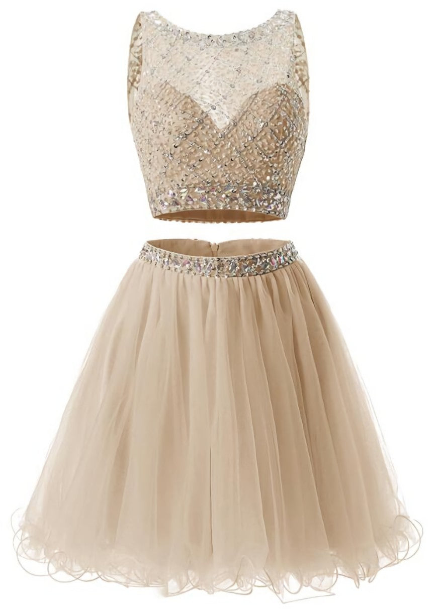 Prom Dress Size 15, Two Piece Champagne Beaded Tulle Homecoming Dress, Short Prom Dress Party Dress