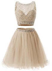 Prom Dresses Size 15, Two Piece Champagne Beaded Tulle Homecoming Dress, Short Prom Dress Party Dress
