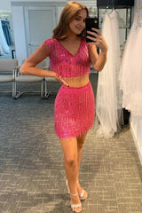 Two Piece Fuchsia Sequins Tight Short Homecoming Dress with Fringes