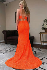 Two Piece Orange Sequins Mermaid Prom Dress with Slit