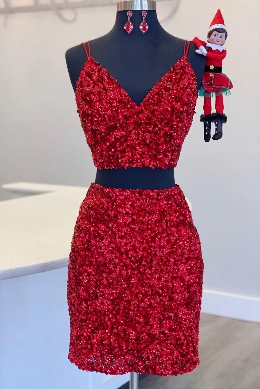 Homecomeing Dresses Vintage, Two Piece Red Sequined Homecoming Dress, V-neck Tight Party Dress,Short Prom Dresses