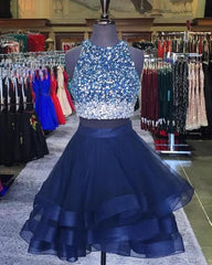 Prom Dress Long, Two Piece Ruffles Ball Gown Homecoming Dresses,Navy Blue Semi Formal Dress
